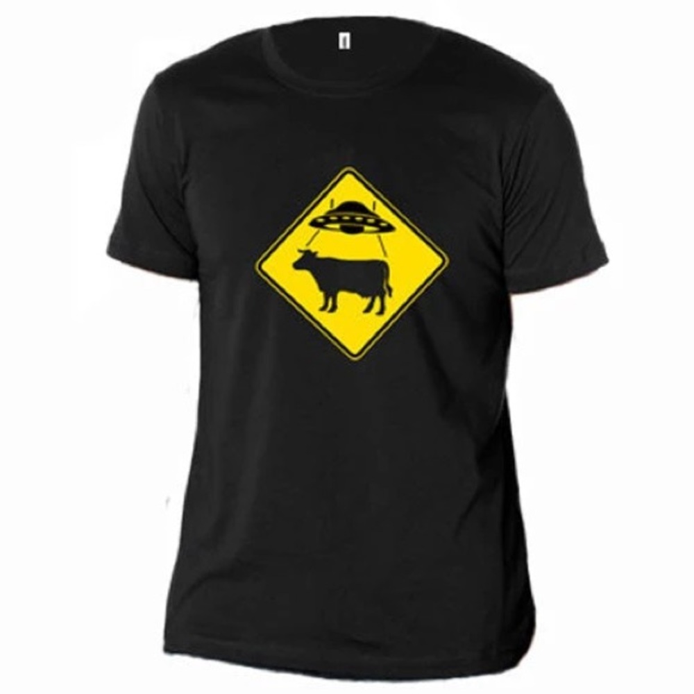 Black T-Shirt with Yellow UFO Cow Sign- Medium
